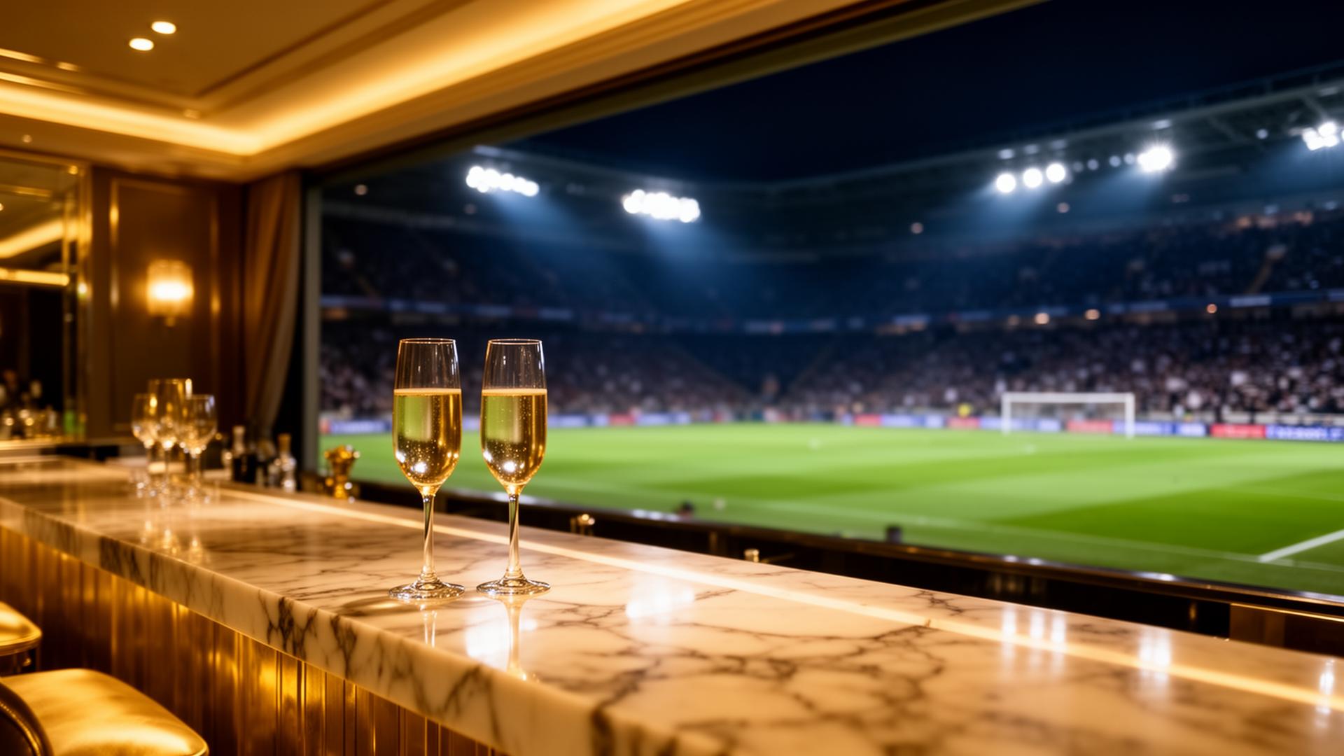 VIP stadium hospitality suite overlooking a football pitch